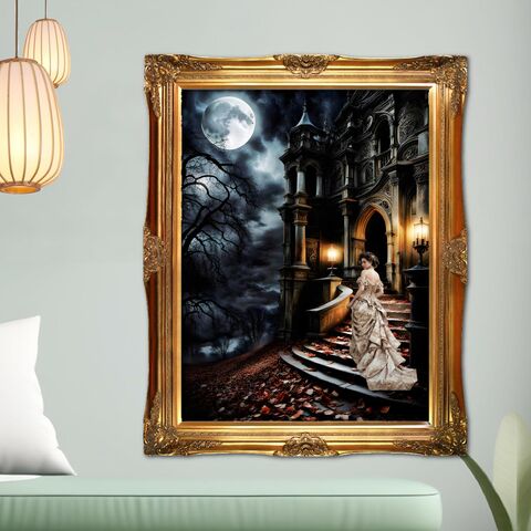 Library,Stairs,Moody,Victorian,Print,Dark,Academia,Oil,Painting,Nocturne,Girl,Woman,Wall,Art,dark_academia_decor,dark_academia_print,dark_academia_art,victorian_wall_art,victorian_print,victorian_painting,moon_print,moon_wall_art,library_print,library_painting,gothic_print,gothic_wall_art,gothic_painting
