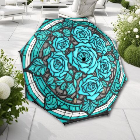 Teal,Blue,Rose,Umbrella,Stained,Glass,Romantic,Flowers,Parasol,Semi-Automatic,Floral,Sun,Rain,Waterproof,Foldable,rain_umbrella,sun_umbrella,uv_umbrella,teal_umbrella,stained_umbrella,unique_umbrella,rose_umbrella,flower_umbrella,teal_parasol,gothic_umbrella,foldable_umbrella,travel_umbrella,gift_for_her