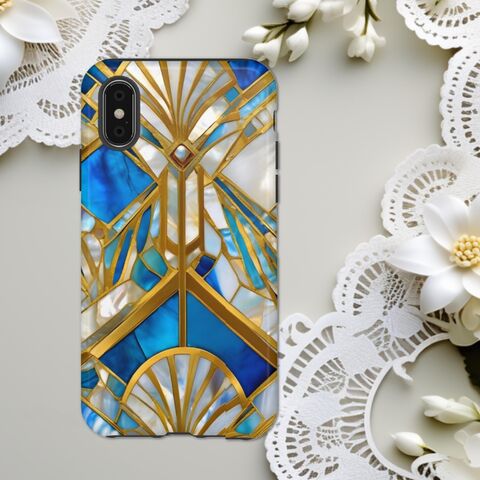 Gold,Blue,Gatsby,Art,Deco,Tough,Phone,Case,Faux,Stained,Glass,iPhone,16,15,14,13,12,11,Galaxy,S24,S23,S22,And,More
