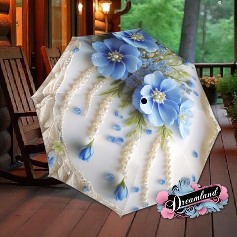 Blue,White,Umbrella,Floral,Art,Nouveau,Style,Printed,Faux,Lace,Flower,Parasol,Semi-Automatic,Waterproof,Foldable,rain_umbrella,sun_umbrella,uv_umbrella,travel_umbrella,unique_umbrella,gift_for_her,cute_umbrella,flower_umbrella,sun_parasol,japanese_umbrella,valentines_gift,white_parasol,blue_umbrella