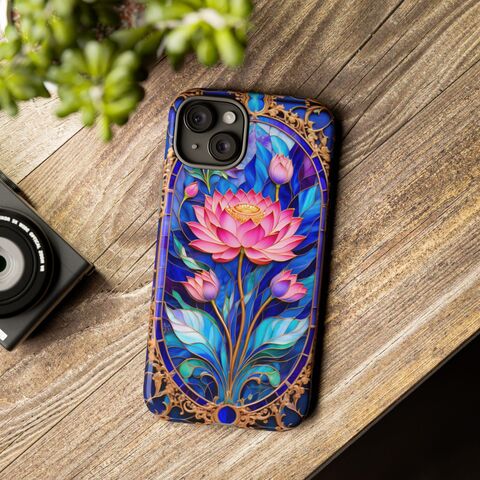 Stained,Glass,Tough,Phone,Case,Art,Nouveau,Lotus,Flower,Nature,Inspired,iPhone,15,14,13,12,11,Samsung,Galaxy,S23,S22,S21,And,More,valentines_gift