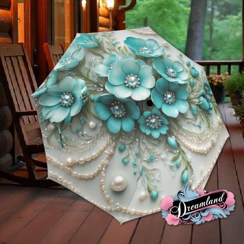 Teal,White,Flower,Umbrella,Floral,Victorian,Style,Printed,Faux,Lace,Pearls,Roses,Parasol,Semi-Automatic,Waterproof,Foldable,rain_umbrella,sun_umbrella,uv_umbrella,stained_umbrella,travel_umbrella,unique_umbrella,gift_for_her,cute_umbrella,flower_umbrella,sun_parasol,japanese_umbrella,valentines_gift,teal_parasol