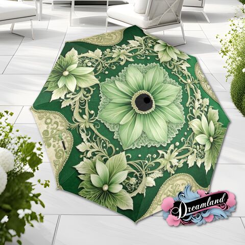 Sage,Green,Cream,Umbrella,Art,Nouveau,Printed,Pearls,Parasol,Semi-Automatic,Waterproof,Foldable,rain_umbrella,sun_umbrella,uv_umbrella,blue_umbrella,stained_umbrella,travel_umbrella,unique_umbrella,gift_for_her,cute_umbrella,flower_umbrella,sun_parasol,valentines_gift,green_umbrella