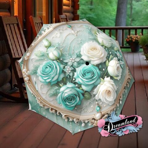 Teal,White,Roses,Umbrella,Flower,Floral,Victorian,Style,Printed,Faux,Lace,Pearls,Parasol,Semi-Automatic,Waterproof,Foldable,rain_umbrella,sun_umbrella,uv_umbrella,stained_umbrella,travel_umbrella,unique_umbrella,gift_for_her,cute_umbrella,flower_umbrella,sun_parasol,japanese_umbrella,valentines_gift,teal__umbrella