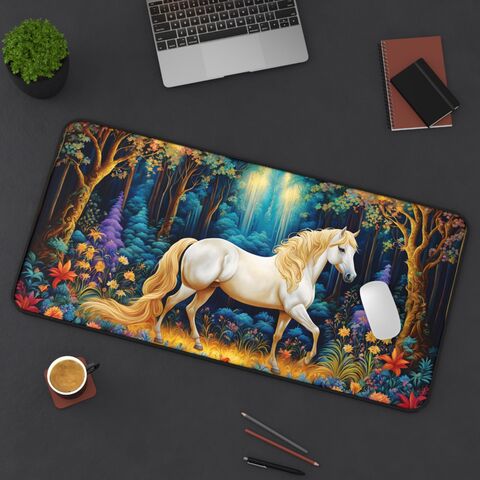 Cottagecore,White,Horse,Desk,Mat,Art,William,Morris,Inspired,Magical,Enchanted,Forest,Unique,Gift,Academia,Mouse,Pad
