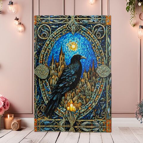 Raven,Faux,Mosaic,Jigsaw,Puzzle,Dark,Gothic,Stained,Glass,Forest,In,Moonlight,110,252,520,1014,Piece