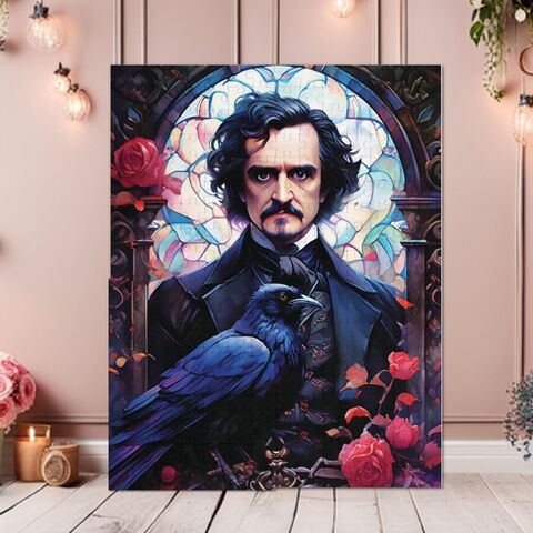 Edgar,Allan,Poe,Jigsaw,Puzzle,with,Tin,Faux,Stained,Glass,Raven,Gothic,Roses,252,500,1000,2000,Pieces,And,More,jigsaw_puzzle,stained_puzzle,glass_puzzle,gothic_puzzle,poe_puzzle,raven_puzzle,dark_puzzle,adult_puzzle,poe_raven,dad_gift,gift_for_her,1000_puzzle
