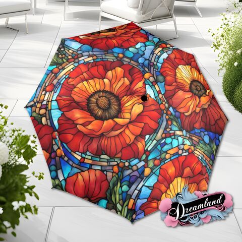 Red,Poppy,Floral,Umbrella,Romantic,Blossoms,Faux,Stained,Glass,Flower,Parasol,Semi-Automatic,Waterproof,Foldable,rain_umbrella,unique_umbrella,uv_umbrella,sun_umbrella,unique_gift,flower_umbrella,boho_umbrella,cute_umbrella,gift_for_her,stained_umbrella,sakura_umbrella,red_umbrella,poppy_umbrella