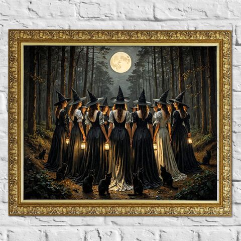 Witch,Coven,In,Forest,Print,Halloween,Black,Cats,Dark,Academia,Oil,Painting,Nocturne,Victorain,Moody,Wall,Art,dark_academia_print,dark_academia_decor,dark_moody_print,moody_painting,victorian_print,victorian_painting,haunted_painting,halloween_decor,halloween_wall_art,halloween_print,witchy_decor,witches_painting,cat_painting