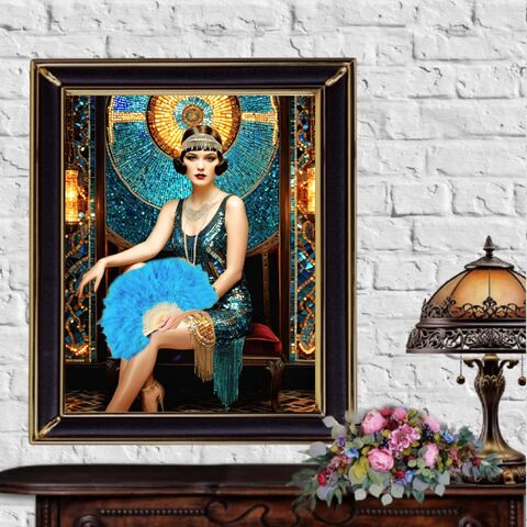 Blue,Fan,Dancer,Art,Deco,Mosaic,Print,Flapper,Wall,Painting,Gatsby,Old,Hollywood,Girl,Glamour,Retro,Poster,1920s,art_deco_print,art_deco_wall_art,art_deco_painting,gatsby_girl_print,gatsby_girl_poster,art_deco_poster,retro_wall_art,retro_print,retro_poster,gift_for_her,flapper_print,art_deco_decor,dancer_print