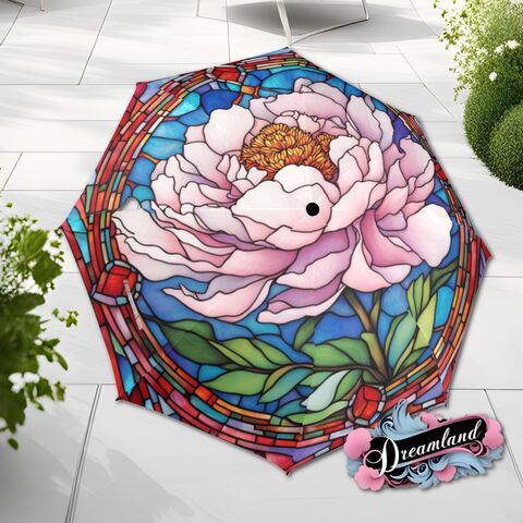 Peony,Flower,Umbrella,Romantic,Floral,Blossoms,Faux,Stained,Glass,Pink,Parasol,Semi-Automatic,Waterproof,Foldable,rain_umbrella,unique_umbrella,uv_umbrella,sun_umbrella,unique_gift,flower_umbrella,boho_umbrella,cute_umbrella,gift_for_her,stained_umbrella,sakura_umbrella,pink_umbrella