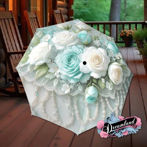 Pearls,And,Teal,Roses,Umbrella,Flower,Floral,Victorian,Style,Printed,Faux,Lace,Parasol,Semi-Automatic,Waterproof,Foldable,rain_umbrella,sun_umbrella,uv_umbrella,blue_umbrella,stained_umbrella,travel_umbrella,unique_umbrella,gift_for_her,cute_umbrella,flower_umbrella,sun_parasol,japanese_umbrella,teal_umbrella