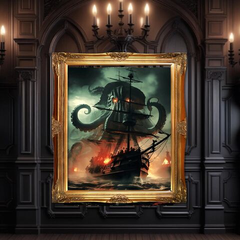 Kraken,Dark,Academia,Ship,Painting,Print,Engaged,At,Sea,Night,Nocturne,Victorain,Poster,Decor,Moody,Wall,Art,ship_print,ship_painting,dark_academia_art,dark_academia_decor,sea_painting,sea_print,ship_ocean_print,pirate_ship_print,moody_ship,dark_moody_print,ship_in_storm,ship_wall_art,kraken_painting