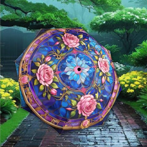 Stained,Glass,Pink,Roses,Umbrella,Victorian,Style,Flower,Parasol,Semi-Automatic,Waterproof,Foldable,uv_umbrella,sun_umbrella,rain_umbrella,uv_parasol,victorian_umbrella,victorian_parasol,rose_umbrella,flower_umbrella,pink_umbrella,pink_parasol,travel_umbrella,gift_for_her,stained_umbrella