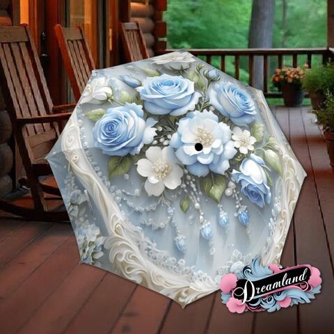 Pearls,Blue,Roses,Umbrella,Flower,Floral,Victorian,Style,Printed,Faux,Lace,Parasol,Semi-Automatic,Waterproof,Foldable,rain_umbrella,sun_umbrella,uv_umbrella,blue_umbrella,stained_umbrella,travel_umbrella,unique_umbrella,gift_for_her,cute_umbrella,flower_umbrella,sun_parasol,japanese_umbrella,blue_parasol