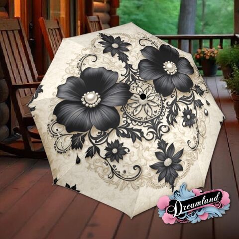 Black,Cream,Umbrella,Art,Nouveau,Printed,Pearls,Parasol,Semi-Automatic,Waterproof,Foldable,rain_umbrella,sun_umbrella,uv_umbrella,blue_umbrella,stained_umbrella,travel_umbrella,unique_umbrella,gift_for_her,cute_umbrella,flower_umbrella,sun_parasol,black_umbrella,sakura_umbrella