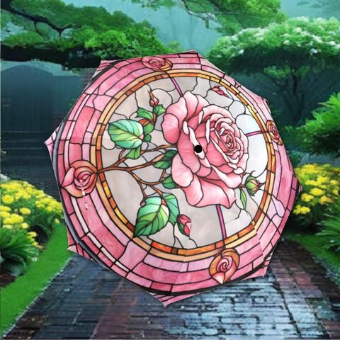 Rose,Stained,Glass,Umbrella,Pink,Romantic,Flowers,Parasol,Semi-Automatic,Floral,Sun,Rain,Waterproof,Foldable,glass_umbrella,flower_umbrella,rain_umbrella,uv_umbrella,sun_umbrella,pink_umbrella,unique_umbrella,rose_umbrella,victorian_umbrella,womens_umbrella,gift_for_her,pink_parasol,folding_umbrella