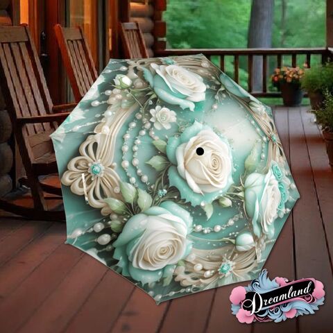 Teal,Roses,Umbrella,Art,Nouveau,Printed,Pearls,Parasol,Semi-Automatic,Waterproof,Foldable,rain_umbrella,sun_umbrella,uv_umbrella,blue_umbrella,stained_umbrella,travel_umbrella,unique_umbrella,gift_for_her,cute_umbrella,flower_umbrella,sun_parasol,floral_umbrella,teal_parasol