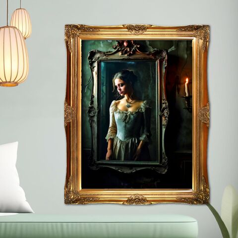 Moody,Victorian,Print,Dark,Academia,Oil,Painting,Nocturne,Girl,In,Mirror,Wall,Art,dark_academia_print,dark_academia_decor,dark_academia,dark_moody_print,moody_wall_art,victorian_wall_art,victorian_painting,dark_painting,hallween_decor,halloween_art,dark_moody_painting,haunted_painting,haunted_photo