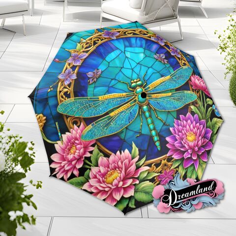 Blue,Art,Nouveau,Romantic,Umbrella,Faux,Stained,Glass,Flower,Dragonfly,Parasol,Semi-Automatic,Waterproof,Foldable,rain_umbrella,unique_umbrella,uv_umbrella,sun_umbrella,unique_gift,flower_umbrella,boho_umbrella,cute_umbrella,gift_for_her,stained_umbrella,blue_umbrella,nature_umbrella,blue_parasol