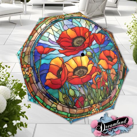 Flower,Romantic,Umbrella,Poppy,Field,Blossoms,Faux,Stained,Glass,Parasol,Semi-Automatic,Waterproof,Foldable,rain_umbrella,unique_umbrella,uv_umbrella,sun_umbrella,unique_gift,flower_umbrella,boho_umbrella,cute_umbrella,gift_for_her,stained_umbrella,sakura_umbrella,poppy_umbrella,red_umbrella