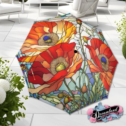 Romantic,Flower,Umbrella,Red,White,Poppy,Blossoms,Faux,Stained,Glass,Parasol,Semi-Automatic,Waterproof,Foldable,rain_umbrella,unique_umbrella,uv_umbrella,sun_umbrella,unique_gift,flower_umbrella,boho_umbrella,cute_umbrella,gift_for_her,stained_umbrella,sakura_umbrella,poppy_umbrella,red_umbrella