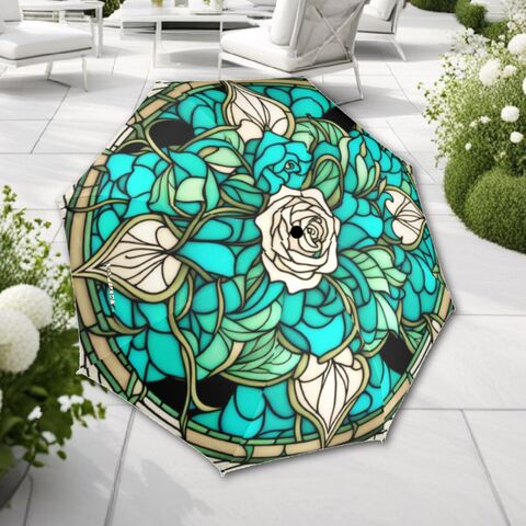 Blue,Green,Rose,Umbrella,Stained,Glass,Romantic,Flowers,Parasol,Semi-Automatic,Floral,Sun,Rain,Waterproof,Foldable,rain_umbrella,uv_umbrella,sun_umbrella,foldable_umbrella,gothic_umbrella,rose_umbrella,flower_umbrella,teal_umbrella,gift_for_her,stained_umbrella,glass_umbrella,green_parasol,unique_umbrella