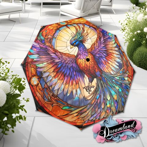 Rising,Phoenix,Stained,Glass,Umbrella,Parasol,Semi-Automatic,Waterproof,Foldable,sun_umbrella,rain_umbrella,uv_umbrella,stained_umbrella,art_nouveau_umbrella,unique_gift,gift_for_her,cute_umbrella,flower_umbrella,purple_umbrella,blue_umbrella,bird_umbrella,mom_gift
