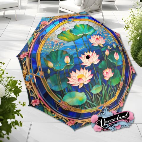 Pink,Lotus,Flower,Umbrella,Romantic,Art,Nouveau,Floral,Blossoms,Faux,Stained,Glass,Parasol,Semi-Automatic,Waterproof,Foldable