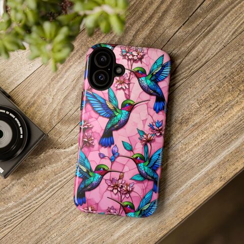 Hummingbird,Tough,Phone,Case,Art,Nouveau,Faux,Pink,Stained,Glass,Mosaic,iPhone,16,15,14,13,12,11,Galaxy,S25,S24,S23,S22,stained_phone,stained_iphone,cottagecore_phone,iphone_16,iphone_15,s24_case,glass_iphone,glass_phone,s25_case,hummingbird_gift,pink_iphone,pink_phone,cute_case