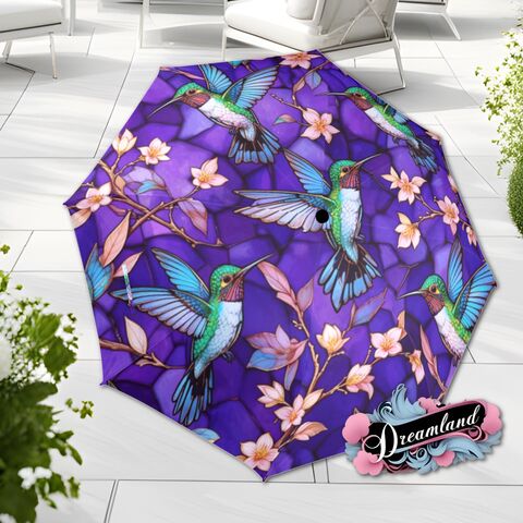Purple,Hummingbird,Umbrella,Romantic,Art,Nouveau,Faux,Stained,Glass,Parasol,Semi-Automatic,Waterproof,Foldable,rain_umbrella,unique_umbrella,uv_umbrella,sun_umbrella,unique_gift,flower_umbrella,cute_umbrella,gift_for_her,stained_umbrella,spring_umbrella,mom_gift,hummingbird_glass,purple_umbrella