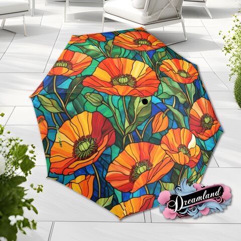 Orange,Poppy,Flower,Umbrella,Romantic,Art,Nouveau,Faux,Stained,Glass,Parasol,Semi-Automatic,Waterproof,Foldable,rain_umbrella,unique_umbrella,uv_umbrella,sun_umbrella,unique_gift,flower_umbrella,cute_umbrella,gift_for_her,stained_umbrella,spring_umbrella,mom_gift,orange_poppy,poppy_umbrella