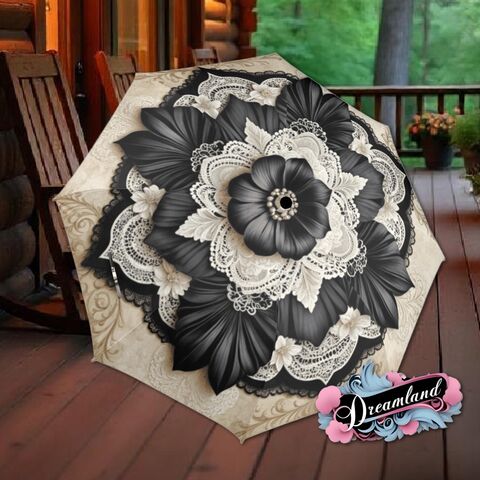 Boho,Black,Cream,Umbrella,Art,Nouveau,Printed,Pearls,Parasol,Semi-Automatic,Waterproof,Foldable,rain_umbrella,sun_umbrella,uv_umbrella,blue_umbrella,stained_umbrella,travel_umbrella,unique_umbrella,gift_for_her,cute_umbrella,flower_umbrella,sun_parasol,black_umbrella,valentines_gift