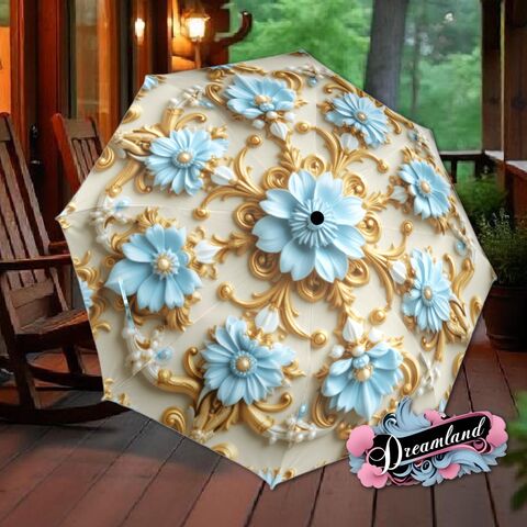 Cream,Blue,Gold,Umbrella,Art,Nouveau,Printed,Mandella,Parasol,Semi-Automatic,Waterproof,Foldable,rain_umbrella,sun_umbrella,uv_umbrella,blue_umbrella,stained_umbrella,travel_umbrella,unique_umbrella,gift_for_her,cute_umbrella,flower_umbrella,sun_parasol,boho_umbrella