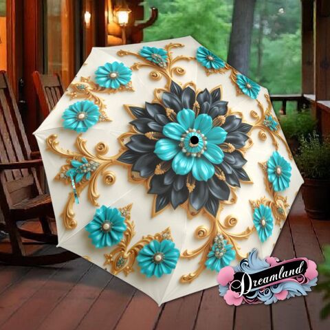 Teal,Black,Gold,Umbrella,Art,Nouveau,Printed,Mandella,Parasol,Semi-Automatic,Waterproof,Foldable,rain_umbrella,sun_umbrella,uv_umbrella,blue_umbrella,stained_umbrella,travel_umbrella,unique_umbrella,gift_for_her,cute_umbrella,flower_umbrella,sun_parasol,boho_umbrella,teal_umbrella