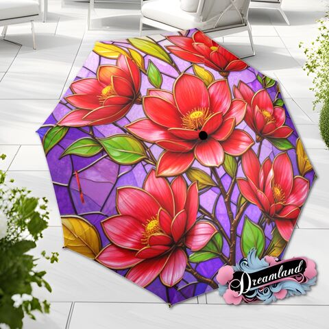 Red,Magnolia,Umbrella,Romantic,Art,Nouveau,Faux,Stained,Glass,Parasol,Semi-Automatic,Waterproof,Foldable,rain_umbrella,unique_umbrella,uv_umbrella,sun_umbrella,unique_gift,flower_umbrella,cute_umbrella,gift_for_her,stained_umbrella,spring_umbrella,purple_umbrella,mom_gift,red_umbrella