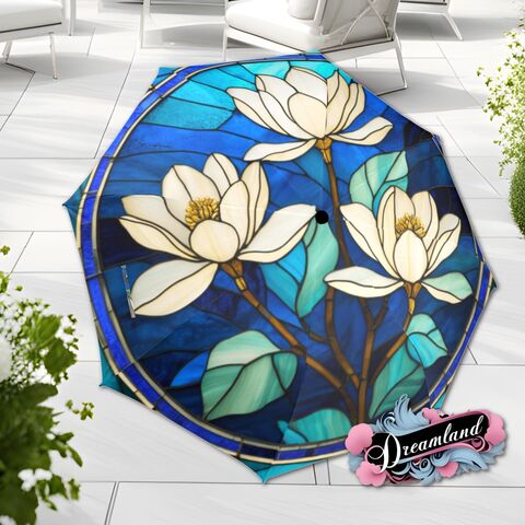 Magnolia,Umbrella,Romantic,White,Blue,Gold,Art,Nouveau,Faux,Stained,Glass,Parasol,Semi-Automatic,Waterproof,Foldable,rain_umbrella,unique_umbrella,uv_umbrella,sun_umbrella,unique_gift,flower_umbrella,cute_umbrella,gift_for_her,stained_umbrella,spring_umbrella,purple_umbrella,blue_umbrella,white_umbrella