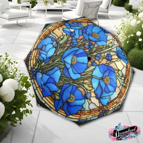 Blue,Romantic,Umbrella,Poppy,Wreath,Faux,Stained,Glass,Art,Nouveau,Flower,Parasol,Semi-Automatic,Waterproof,Foldable,rain_umbrella,unique_umbrella,uv_umbrella,sun_umbrella,unique_gift,flower_umbrella,boho_umbrella,cute_umbrella,gift_for_her,stained_umbrella,sakura_umbrella,poppy_umbrella,blue_umbrella