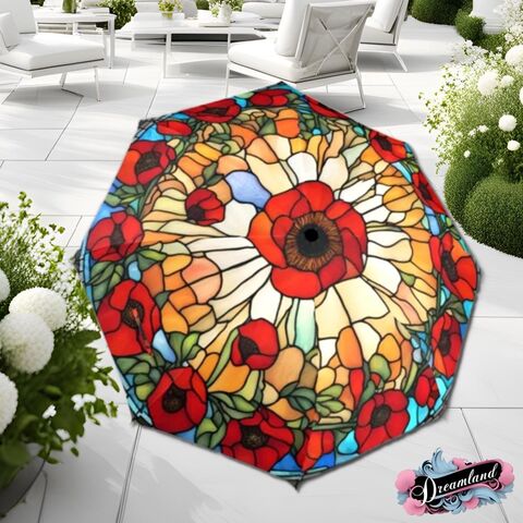 Poppy,Wreath,Romantic,Umbrella,Blossoms,Faux,Stained,Glass,Flower,Parasol,Semi-Automatic,Waterproof,Foldable,rain_umbrella,unique_umbrella,uv_umbrella,sun_umbrella,unique_gift,flower_umbrella,boho_umbrella,cute_umbrella,gift_for_her,stained_umbrella,sakura_umbrella,poppy_umbrella,red_umbrella