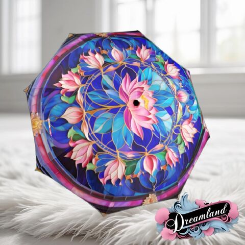 Stained,Glass,Umbrella,Art,Nouveau,Pink,Lotus,Flower,Parasol,Semi-Automatic,Waterproof,Foldable,rain_umbrella,sun_umbrella,uv_umbrella,uv_parasol,flower_umbrella,pink_umbrella,stained_umbrella,lotus_flower_gift,gift_for_her,japanese_umbrella,travel_umbrella,pocket_umbrella,unique_umbrella