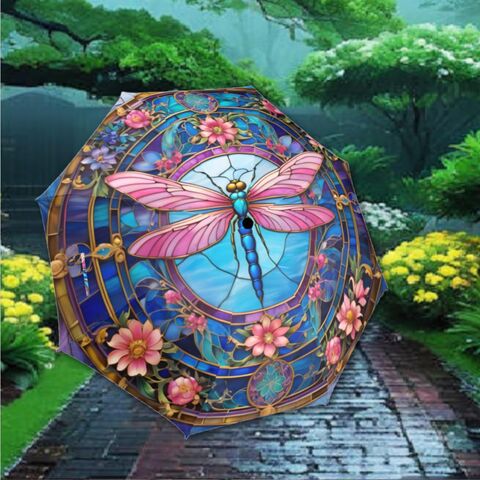 Dragonfly,Stained,Glass,Umbrella,Art,Nouveau,Pink,Flower,Parasol,Semi-Automatic,Waterproof,Foldable,uv_umbrella,sun_umbrella,rain_umbrella,stained_umbrella,pink_umbrella,pink_parasol,blue_umbrella,gift_for_her,cottagecore_umbrella,travel_umbrella,pocket_umbrella,unique_gift,flower_umbrella