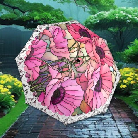 Pink,Poppies,Romantic,Umbrella,Victorian,Inspired,Faux,Stained,Glass,Flower,Parasol,Semi-Automatic,Waterproof,Foldable,pink_umbrella,rain_umbrella,unique_umbrella,uv_umbrella,sun_umbrella,victorian_umbrella,unique_gift,flower_umbrella,boho_umbrella,cute_umbrella,gift_for_her,stained_umbrella