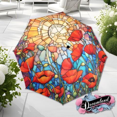 Sunrise,Poppy,Flower,Romantic,Umbrella,Blossoms,Faux,Stained,Glass,Parasol,Semi-Automatic,Waterproof,Foldable,rain_umbrella,unique_umbrella,uv_umbrella,sun_umbrella,unique_gift,flower_umbrella,boho_umbrella,cute_umbrella,gift_for_her,stained_umbrella,sakura_umbrella,poppy_umbrella,red_umbrella