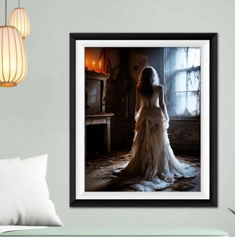 Haunted,Victorian,Bride,Dark,Academia,Painting,Print,Lady,In,White,At,Night,Nocturne,Poster,Decor,Moody,Wall,Art