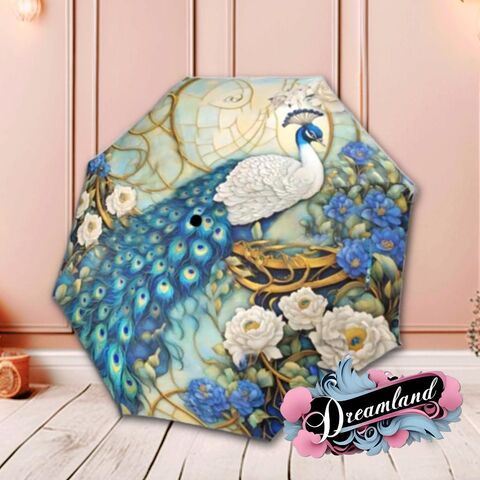 Boho,Blue,Peacock,Umbrella,Cottagecore,Nouveau,Flower,Parasol,Semi-Automatic,Waterproof,Foldable,rain_umbrella,sun_umbrella,uv_umbrella,stained_umbrella,flower_umbrella,gift_for_her,unique_gift,flower_parasol,waterproof_umbrella,travel_umbrella,foldable_umbrella,blue_umbrella