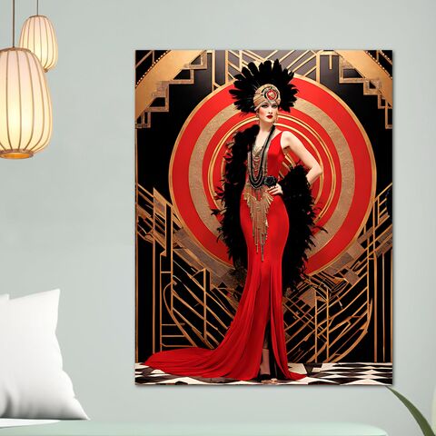 Red,Showgirl,Art,Deco,Flapper,Canvas,Print,Wall,Zeigfeld,Gatsby,GIrl,Portrait,1920s,Style,Home,Decor,Painting,art_deco_decor,art_deco_print,art_deco_painting,art_deco_framed,gatsby_girl_print,gatsby_girl_painting,retro_decor,retro_print,framed_wall_art,mid_century_decor,gift_for_her,art_deco_wall_art,christmas_gift