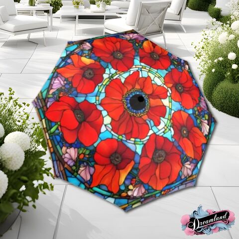 Red,Romantic,Umbrella,Poppy,Wreath,Faux,Stained,Glass,Art,Nouveau,Flower,Parasol,Semi-Automatic,Waterproof,Foldable,rain_umbrella,unique_umbrella,uv_umbrella,sun_umbrella,unique_gift,flower_umbrella,boho_umbrella,cute_umbrella,gift_for_her,stained_umbrella,sakura_umbrella,poppy_umbrella,red_umbrella