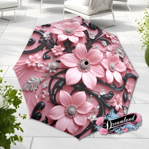 Black,Pink,Flower,Umbrella,Art,Nouveau,Printed,Flowers,Floral,Parasol,Semi-Automatic,Waterproof,Foldable,rain_umbrella,sun_umbrella,uv_umbrella,blue_umbrella,stained_umbrella,travel_umbrella,unique_umbrella,gift_for_her,cute_umbrella,flower_umbrella,sun_parasol,pink_umbrella,white_umbrella