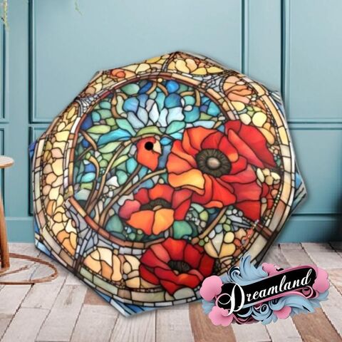 Red,Poppies,Romantic,Umbrella,Cherry,Tree,Blossoms,Faux,Stained,Glass,Flower,Parasol,Semi-Automatic,Waterproof,Foldable,rain_umbrella,unique_umbrella,uv_umbrella,sun_umbrella,unique_gift,flower_umbrella,boho_umbrella,cute_umbrella,gift_for_her,stained_umbrella,sakura_umbrella,red_umbrella,poppy_umbrella