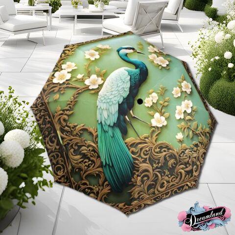 Jade,Green,Heron,Umbrella,Cottagecore,Asian,Inspired,Art,Nouveau,Flower,Parasol,Semi-Automatic,Waterproof,Foldable,rain_umbrella,sun_umbrella,uv_umbrella,stained_umbrella,flower_umbrella,gift_for_her,unique_gift,flower_parasol,waterproof_umbrella,travel_umbrella,foldable_umbrella,sakura_umbrella